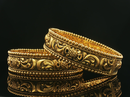 Ornate Antique Style Yellow Gold Engraved Bangles with Beaded Bordered Pair