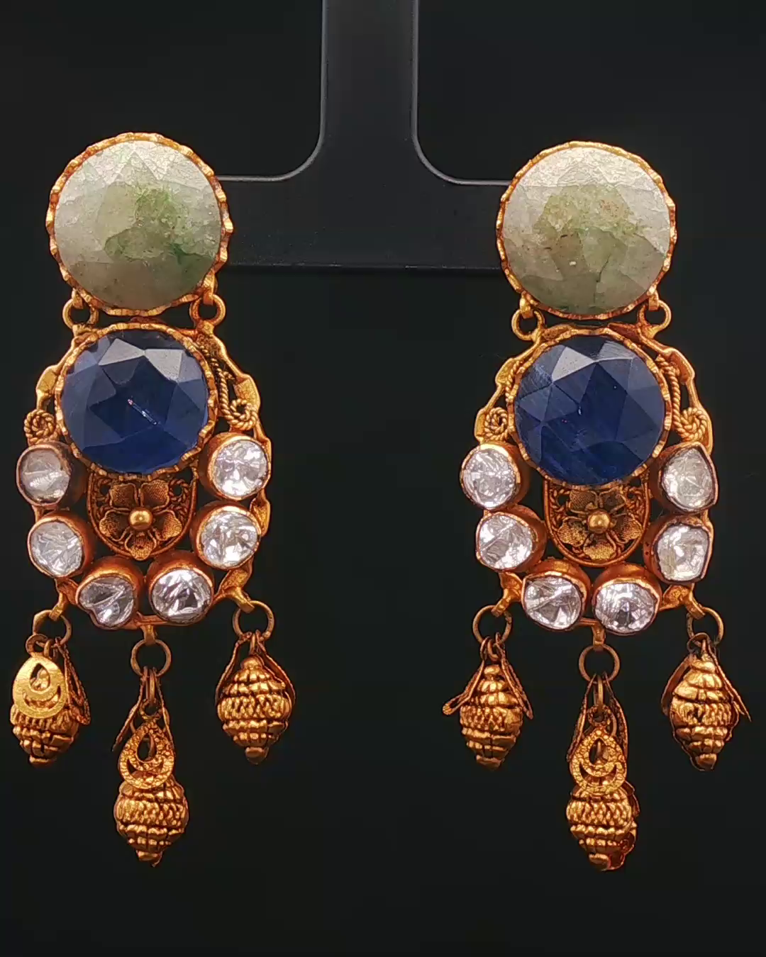 Ornate Yellow Gold Dangle Earrings with Blue Sapphire and Rose-Cut Accents