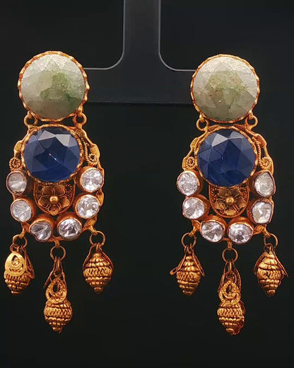 Ornate Yellow Gold Dangle Earrings with Blue Sapphire and Rose-Cut Accents
