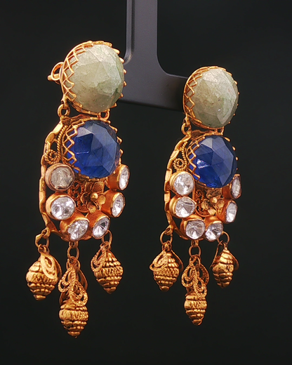 Ornate Yellow Gold Dangle Earrings with Blue Sapphire and Rose-Cut Accents