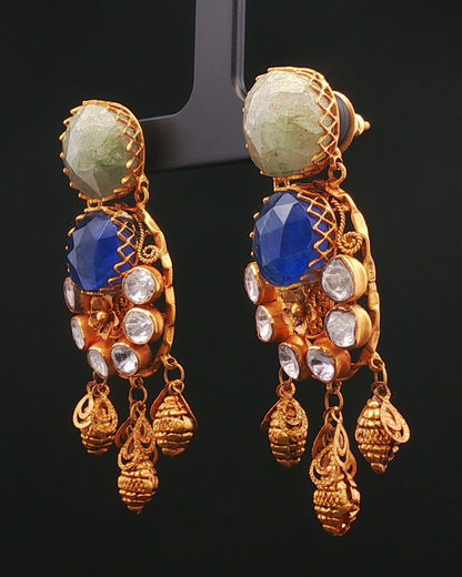 Ornate Yellow Gold Dangle Earrings with Blue Sapphire and Rose-Cut Accents