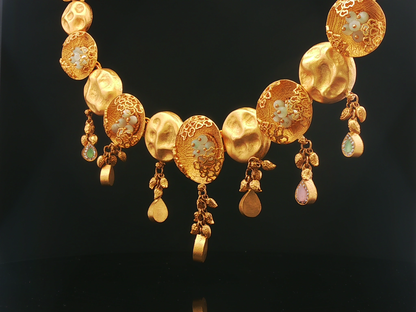 Artisanal Yellow Gold Choker with Hammered Discs and Jade Clusters