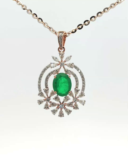 Oval Emerald and Diamond Floral Charm Necklace in Rose Gold
