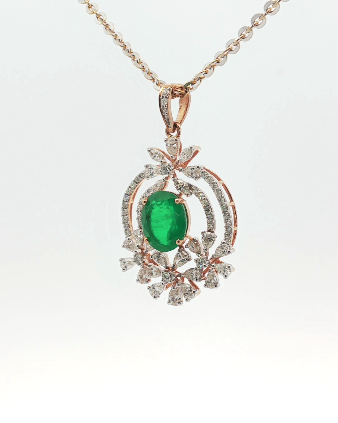 Oval Emerald and Diamond Floral Charm Necklace in Rose Gold