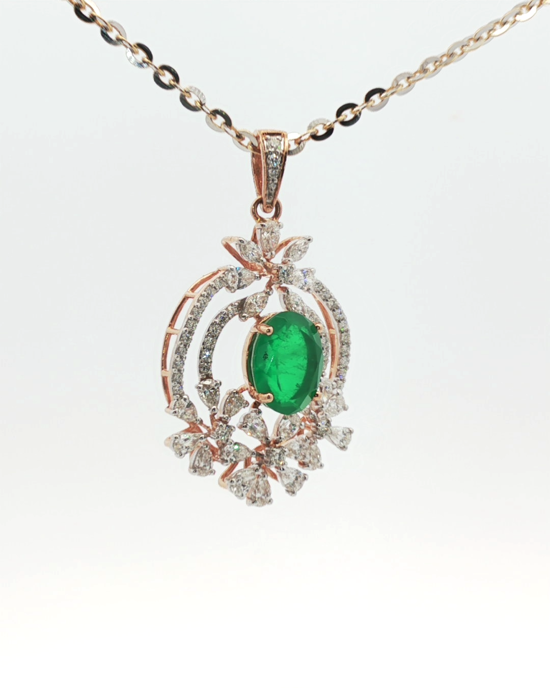 Oval Emerald and Diamond Floral Charm Necklace in Rose Gold