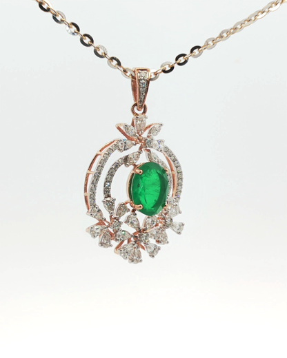 Oval Emerald and Diamond Floral Charm Necklace in Rose Gold