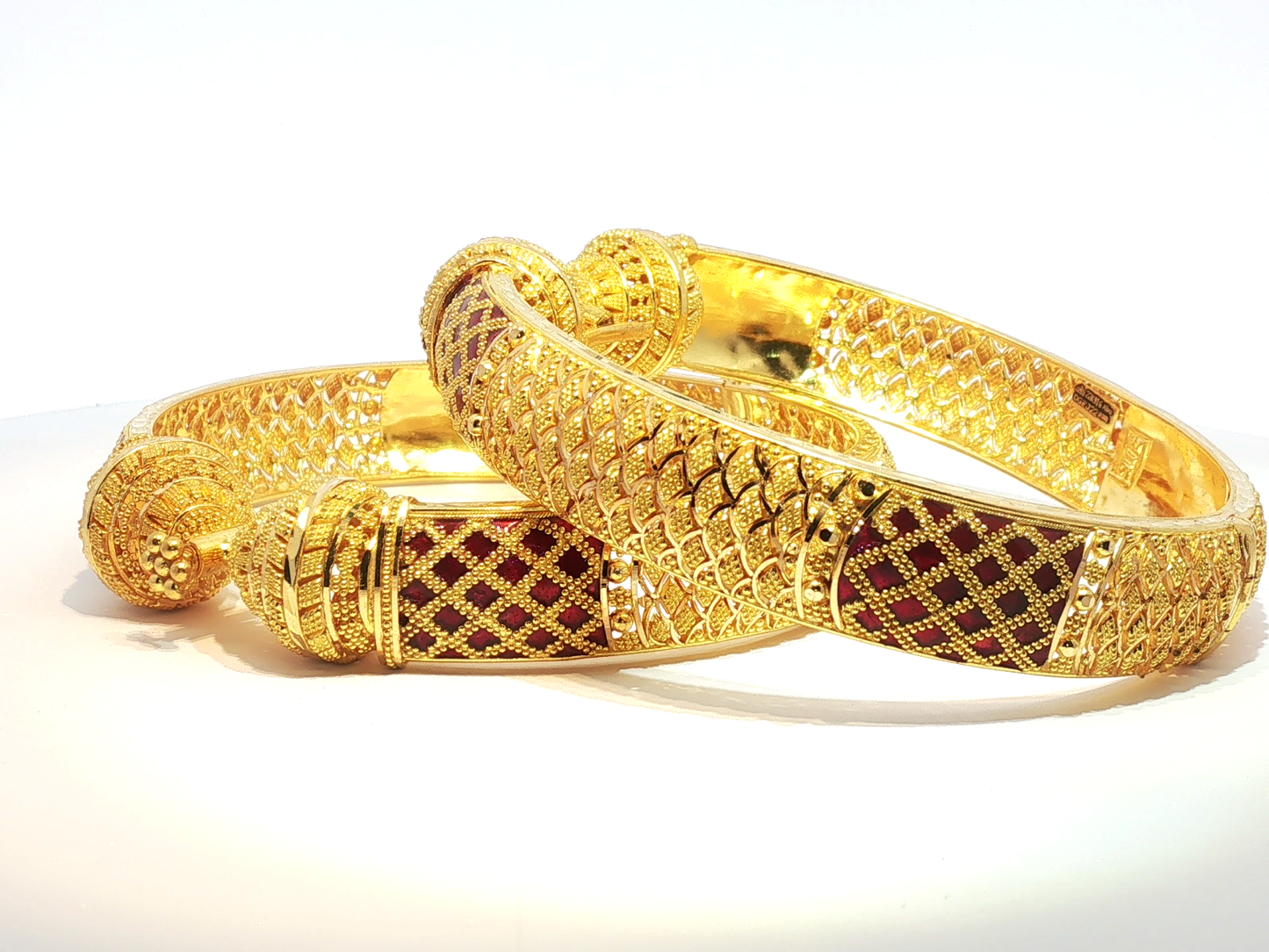 22kt Gold Bangles with Red Mina work