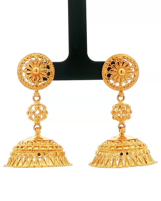 Traditional Yellow Gold Filigree Jhumka Dangle Earrings