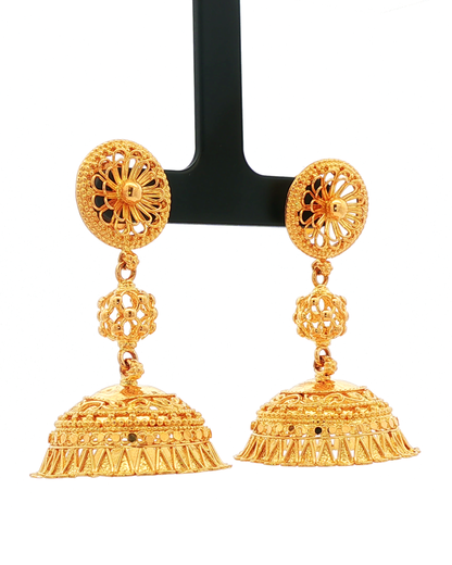 Traditional Yellow Gold Filigree Jhumka Dangle Earrings