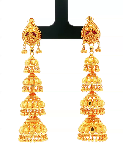Yellow Gold Multi-Tiered Traditional Jhumka Dangle Earrings