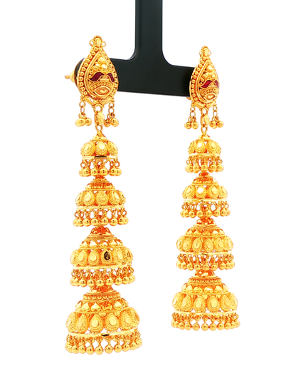 Yellow Gold Multi-Tiered Traditional Jhumka Dangle Earrings