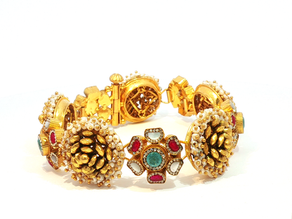 Traditional Yellow Gold Floral Motif Bangle with Seed Pearls