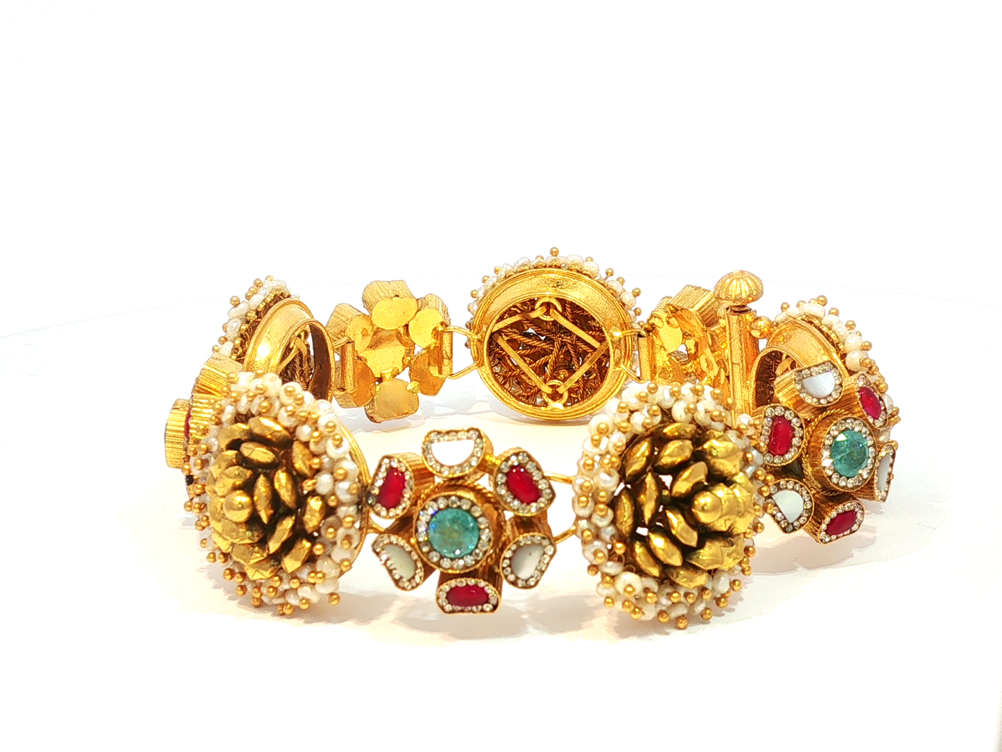 Traditional Yellow Gold Floral Motif Bangle with Seed Pearls