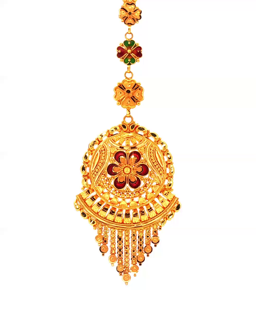 Ornate Floral Red Ruby Tassel Pendant in Yellow Gold