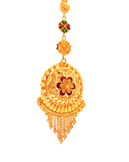Ornate Floral Red Ruby Tassel Pendant in Yellow Gold
