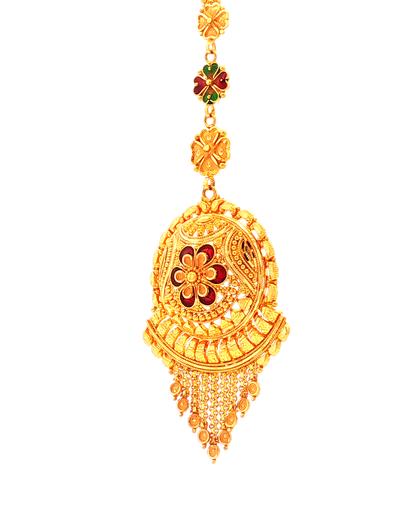 Ornate Floral Red Ruby Tassel Pendant in Yellow Gold