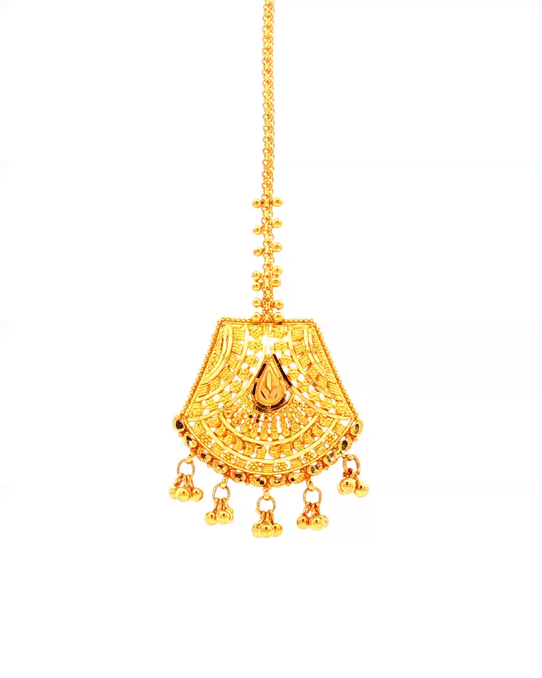 Yellow Gold Filigree Maang Tikka with Dangling Beads