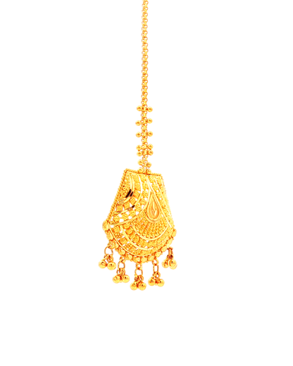 Yellow Gold Filigree Maang Tikka with Dangling Beads