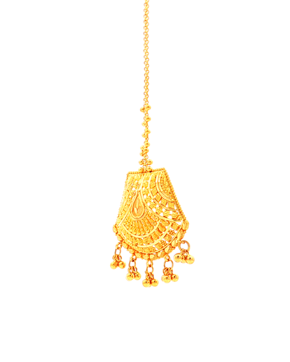 Yellow Gold Filigree Maang Tikka with Dangling Beads