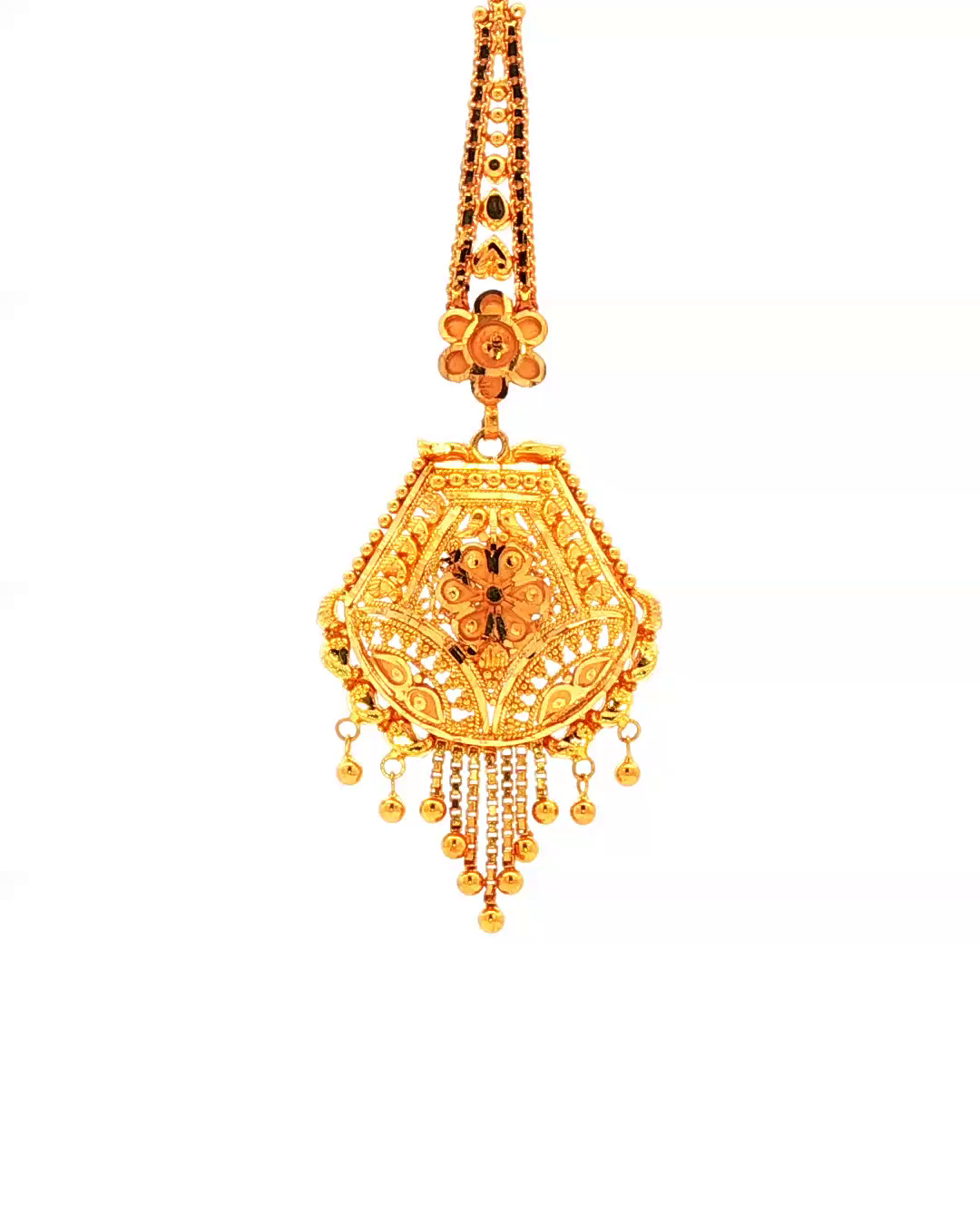 Traditional Yellow Gold Filigree Maang Tikka with Beaded Fringe