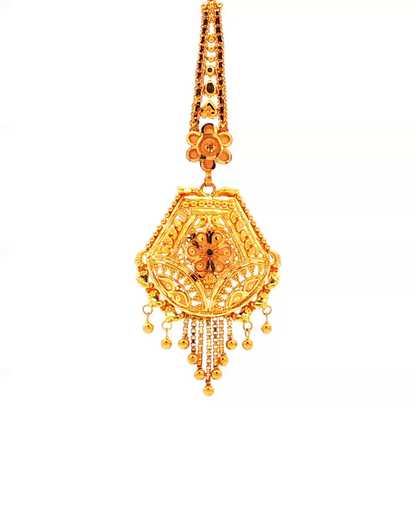 Traditional Yellow Gold Filigree Maang Tikka with Beaded Fringe
