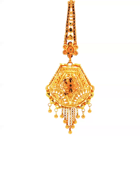 Traditional Yellow Gold Filigree Maang Tikka with Beaded Fringe