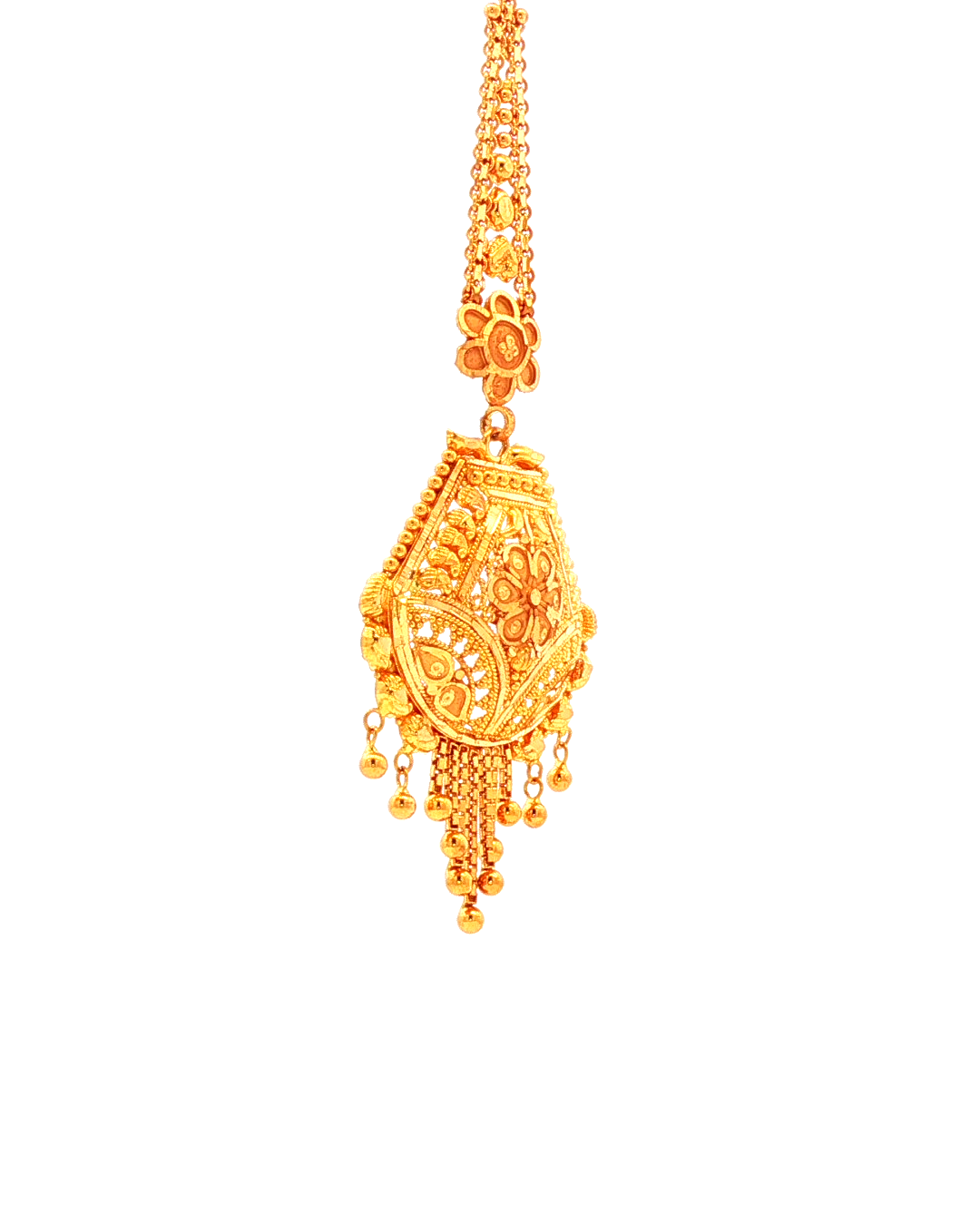 Traditional Yellow Gold Filigree Maang Tikka with Beaded Fringe