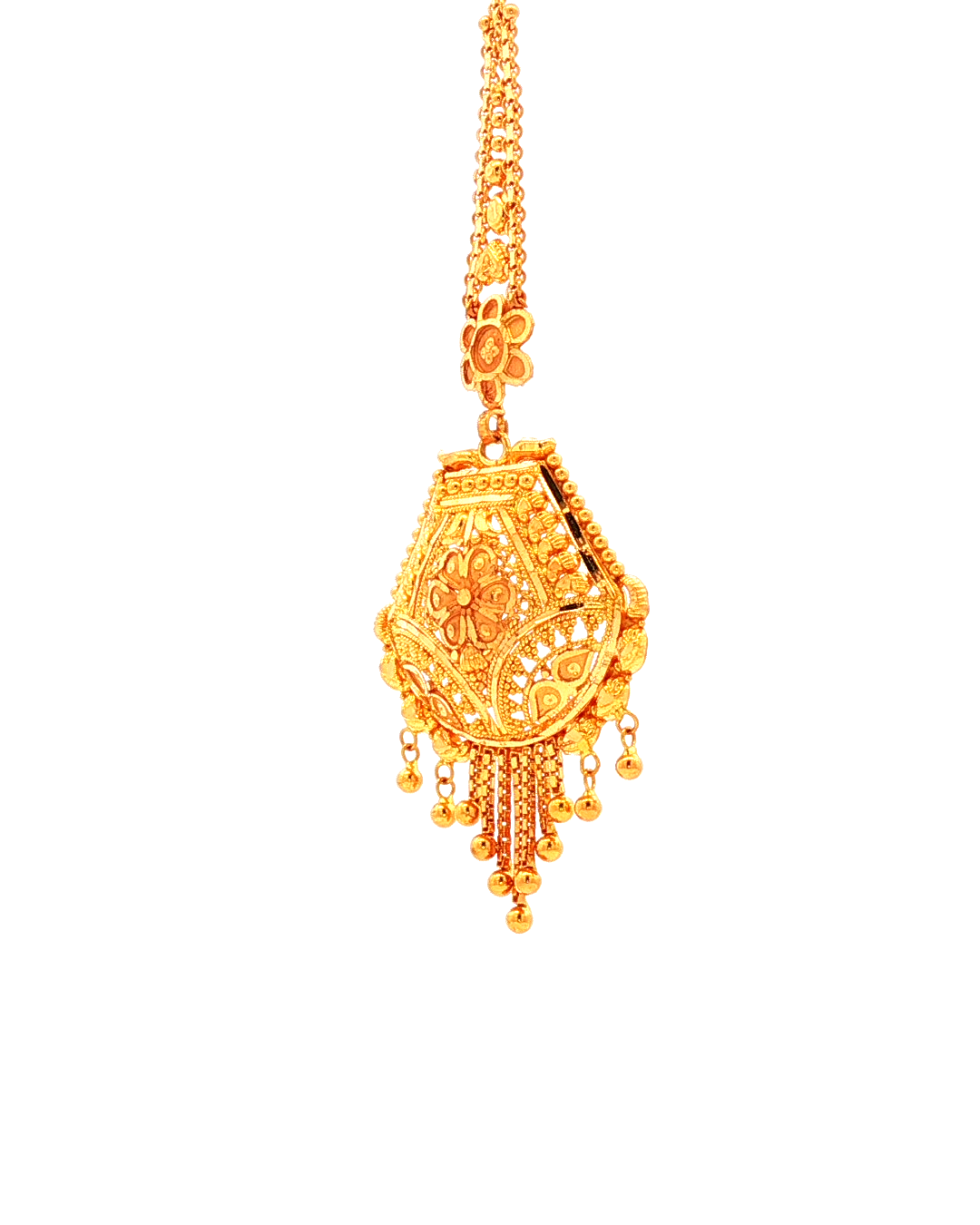 Traditional Yellow Gold Filigree Maang Tikka with Beaded Fringe