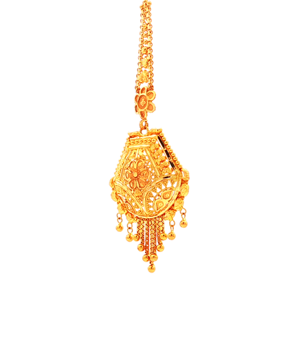 Traditional Yellow Gold Filigree Maang Tikka with Beaded Fringe
