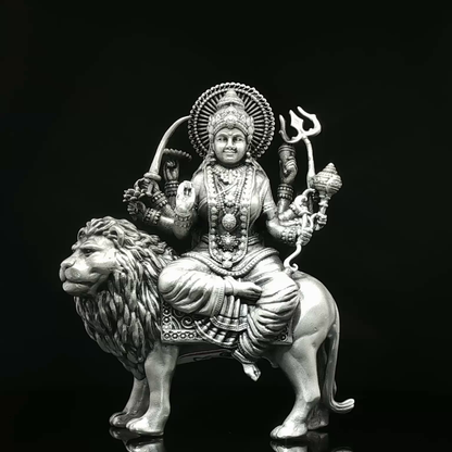 Silver-Toned Multi-Armed Goddess on Lion Figurine