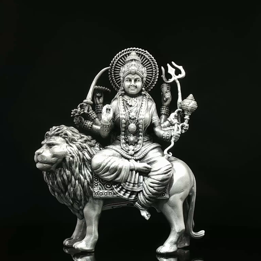 Silver-Toned Multi-Armed Goddess on Lion Figurine