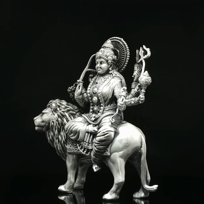 Silver-Toned Multi-Armed Goddess on Lion Figurine