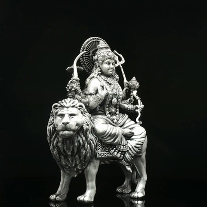 Silver-Toned Multi-Armed Goddess on Lion Figurine