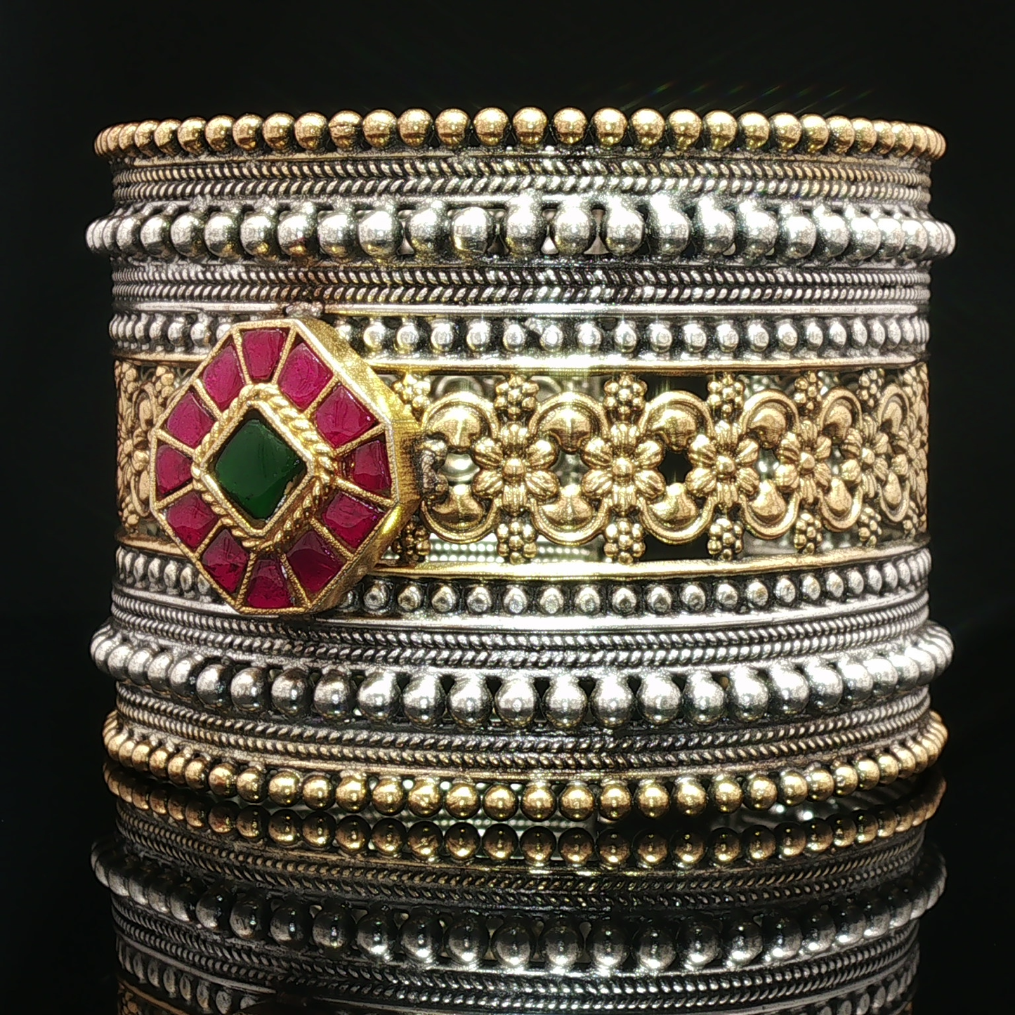 Ornate Two-Tone Silver Bangle with Red Rubies