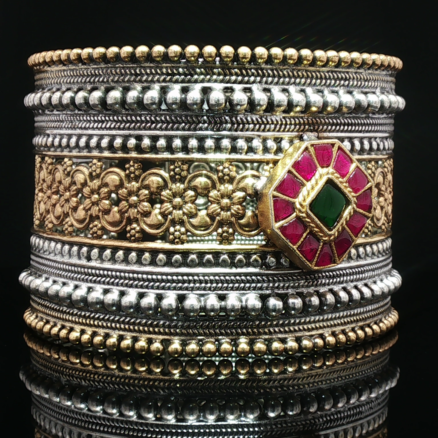 Ornate Two-Tone Silver Bangle with Red Rubies