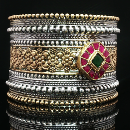 Ornate Two-Tone Silver Bangle with Red Rubies