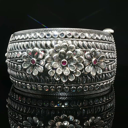 Floral Motif Silver Bangle with stone Accents