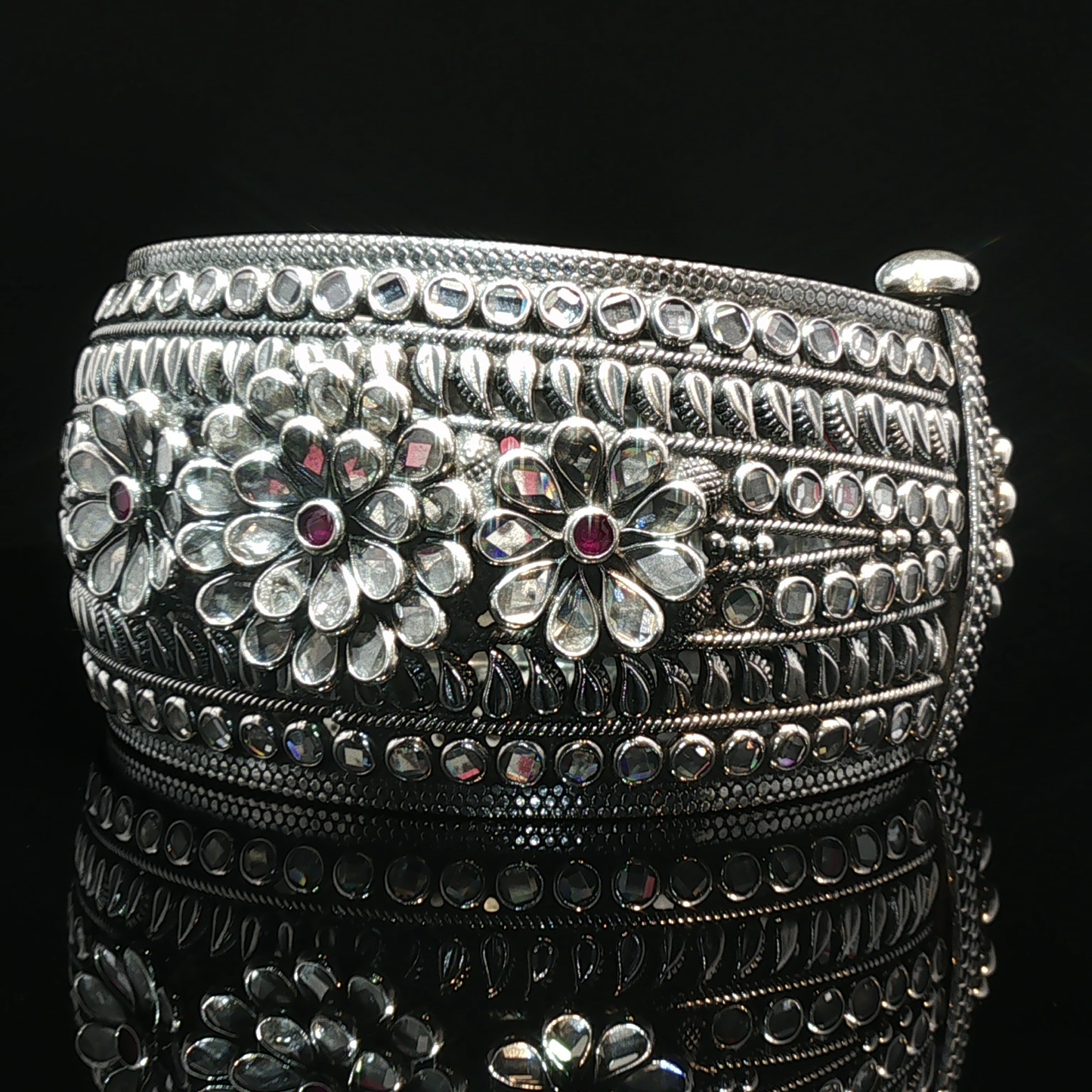 Floral Motif Silver Bangle with stone Accents