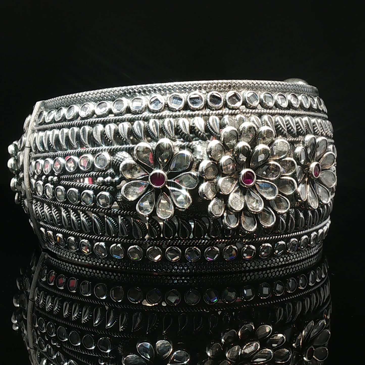 Floral Motif Silver Bangle with stone Accents