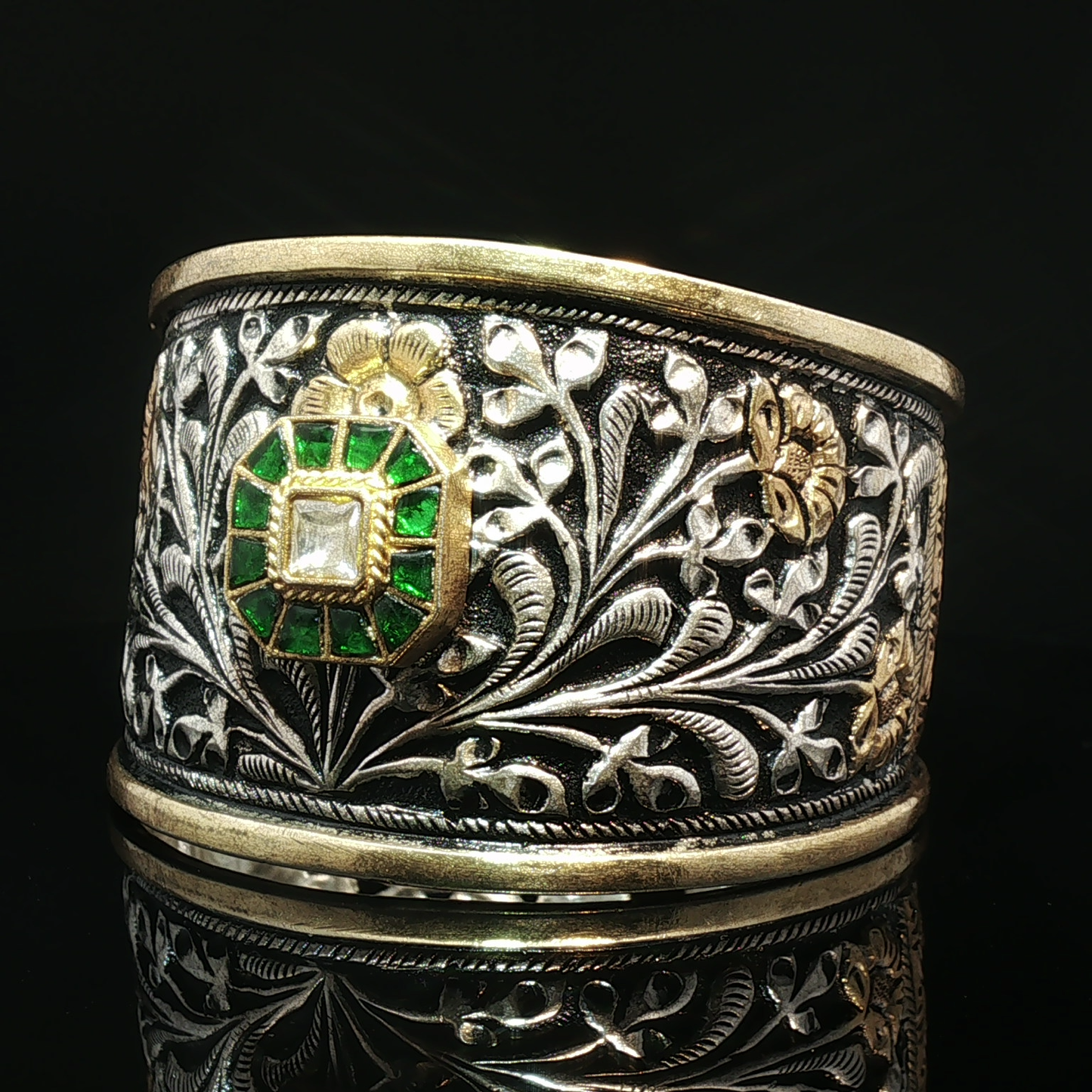 Ornate Floral Relief Silver Bangle with Emerald and Diamond Cluster Centerpiece Emerald Halo