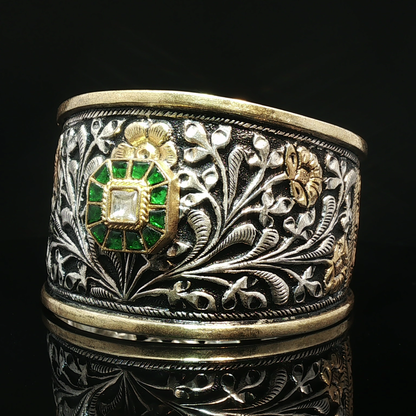 Ornate Floral Relief Silver Bangle with Emerald and Diamond Cluster Centerpiece Emerald Halo