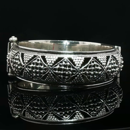 Intricate Granulated Silver Bangle with Geometric Openwork
