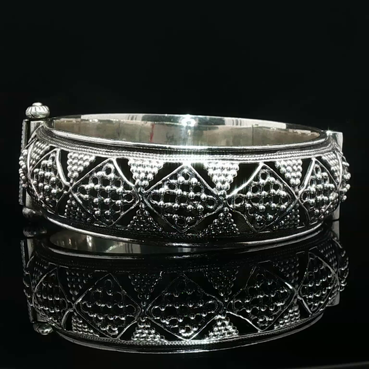 Intricate Granulated Silver Bangle with Geometric Openwork