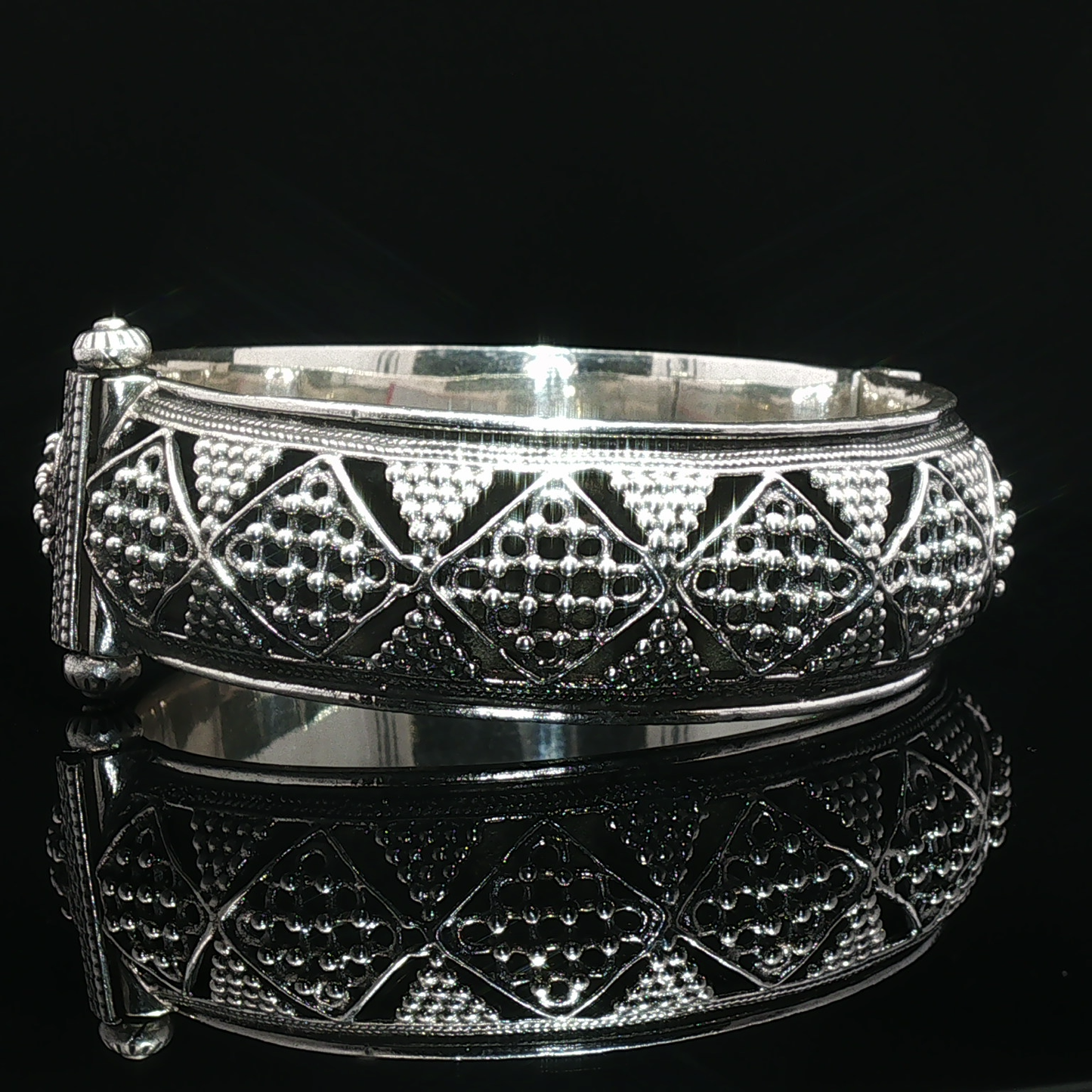Intricate Granulated Silver Bangle with Geometric Openwork