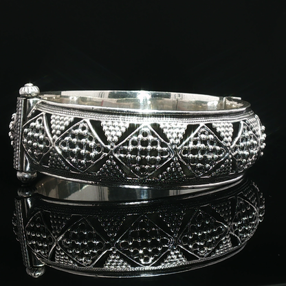 Intricate Granulated Silver Bangle with Geometric Openwork