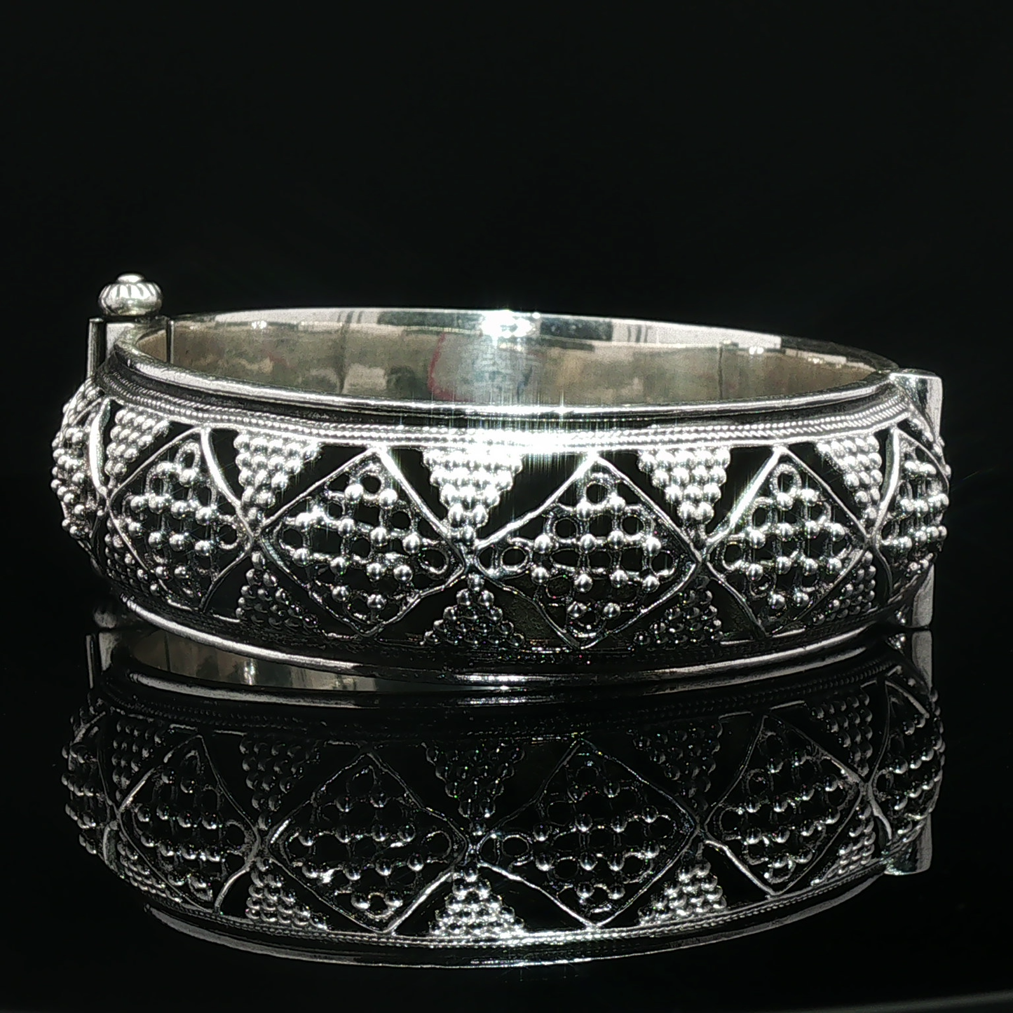 Intricate Granulated Silver Bangle with Geometric Openwork