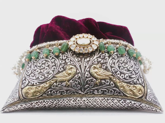 Ornate Silver and Gold Peacock Motif Jeweled Velvet Clutch