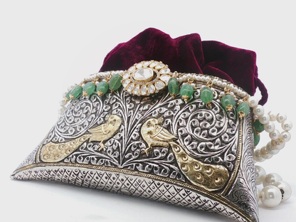 Ornate Silver and Gold Peacock Motif Jeweled Velvet Clutch
