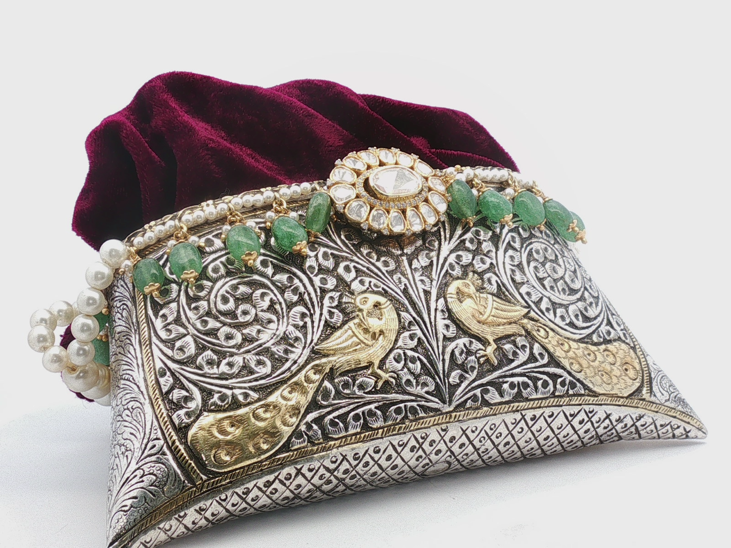 Ornate Silver and Gold Peacock Motif Jeweled Velvet Clutch