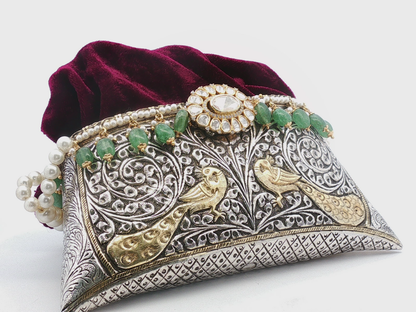 Ornate Silver and Gold Peacock Motif Jeweled Velvet Clutch